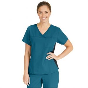 Medline Michigan Ave Womens Yoga Style Caribbean Blue Stretch Scrub Top Health Products