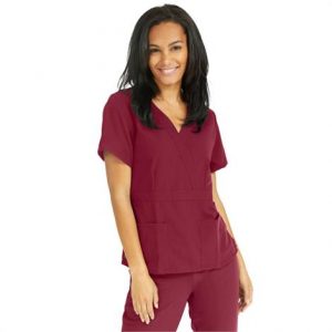 Medline Park Ave Womens Stretch Fabric Mock Wrap Scrub Top - Wine Health Products